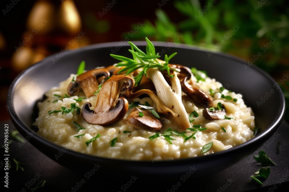 Beautifully plated dish of creamy mushroom risotto, garnished with fresh herbs, emphasizing the culinary potential of these flavorful mushrooms. Generative Ai Beautifully plated dish of creamy mushroom risotto, garnished with fresh herbs, emphasizing the culinary potential of these flavorful mushrooms. Generative Ai
