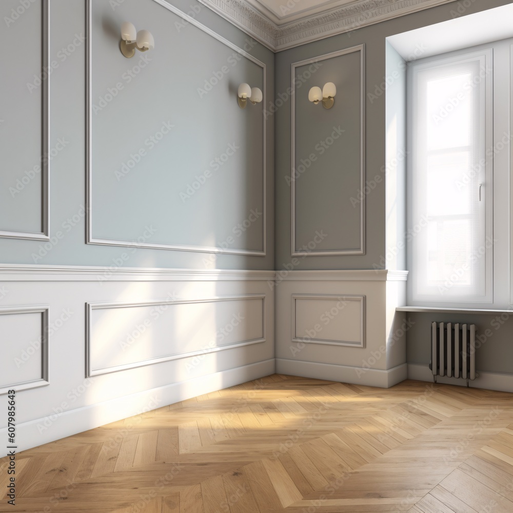 Classic interior with window and parquet floor. lights and baseboard. paneling on wall. luxury design. Created with generative AI Classic interior with window and parquet floor. lights and baseboard. paneling on wall. luxury design. Created with generative AI