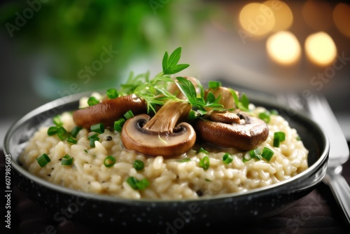 Beautifully plated dish of creamy mushroom risotto, garnished with fresh herbs, emphasizing the culinary potential of these flavorful mushrooms. Generative Ai