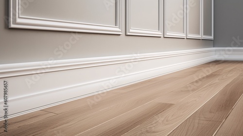 Empty room with wooden floor and white wall. Baseboard, paneling and molding on walls. Created with generative AI