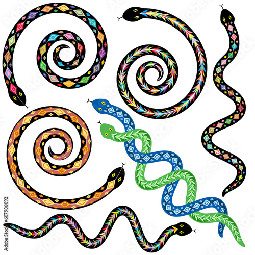 Set of colorful editable vector snakes designs
