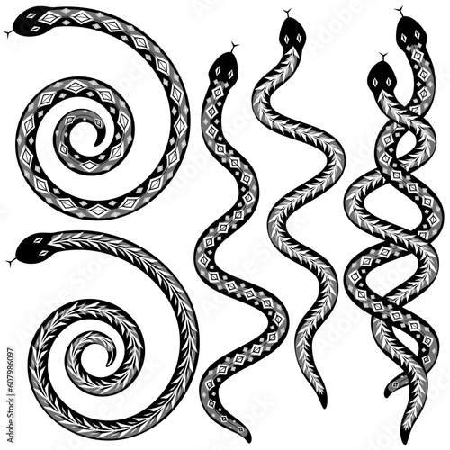 Set of editable vector snakes designs black and white