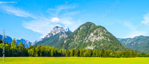 View of the Krma Valley on a sunny summer day. Grassy green pastures in the foreground and breathtaking peaks of the Julian Alps on background. Triglav National Park, Slovenia photo