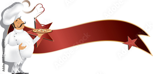 Chef and pizza design with banner for your brand name,you can also place your logo or text onto towel