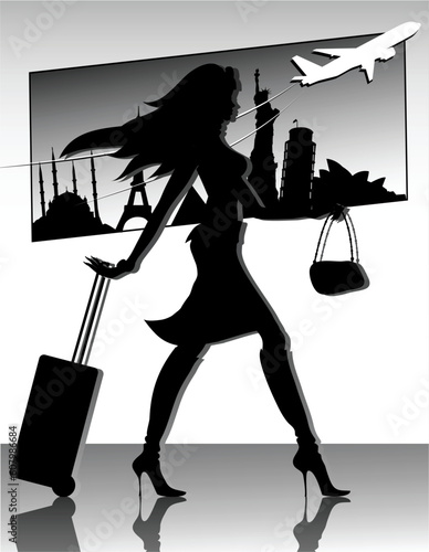 Girl on travel at the airport,in the gallery also available colored version of this image