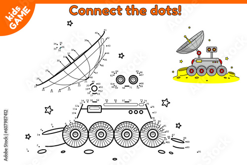 Dot to dot game for children. Connect the dots and draw a cartoon lunar rover on moon in space. Activity book for kids. Educational puzzle for preschool and school education. Vector lunokhod in cosmos