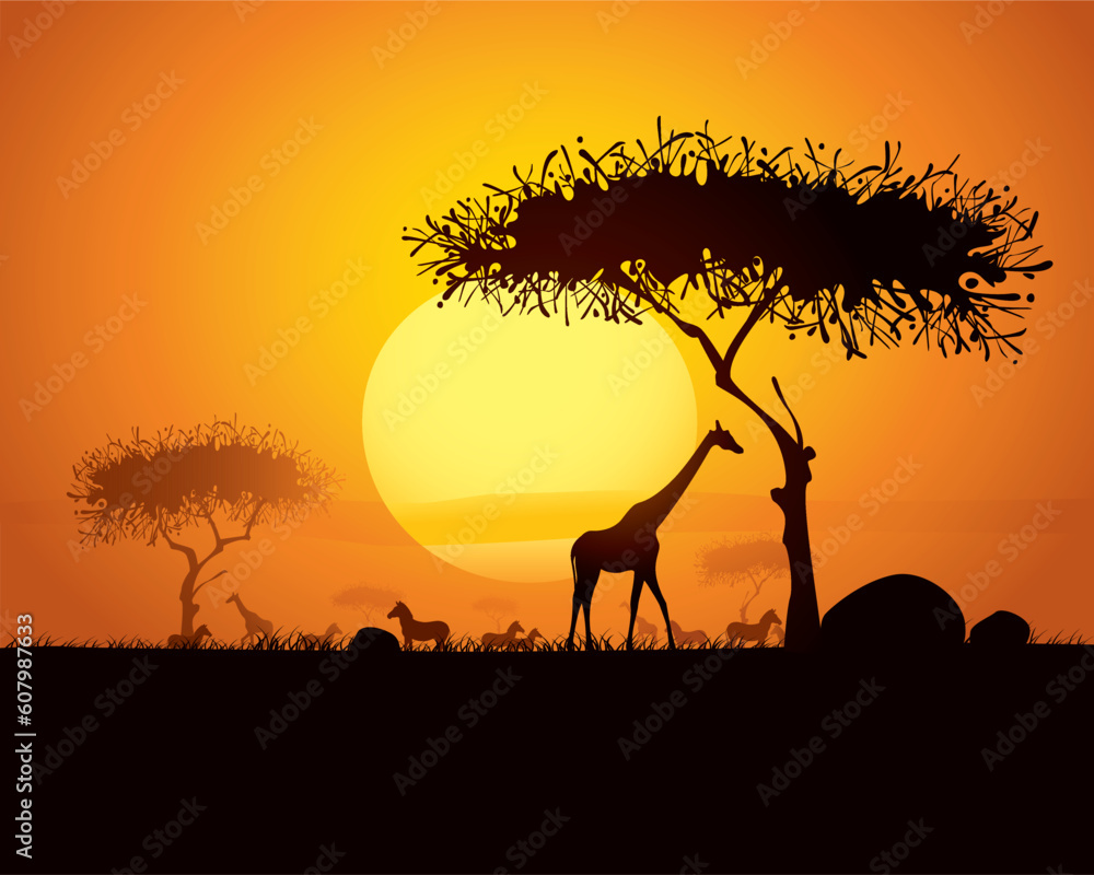 silhouette of animals and trees in africa sunset background.