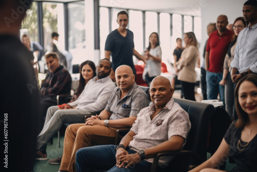 Group of people gathered at a blood donation drive, smiling and engaging in conversations while waiting to donate blood. World blood donor day. AI Generative.