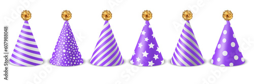Vector 3d Realistic Purple and White Birthday Party Hat Icon Set Isolated on White Background. Party Cap Design Template for Party Banner, Greeting Card. Holiday Hats, Cone Shape, Front View