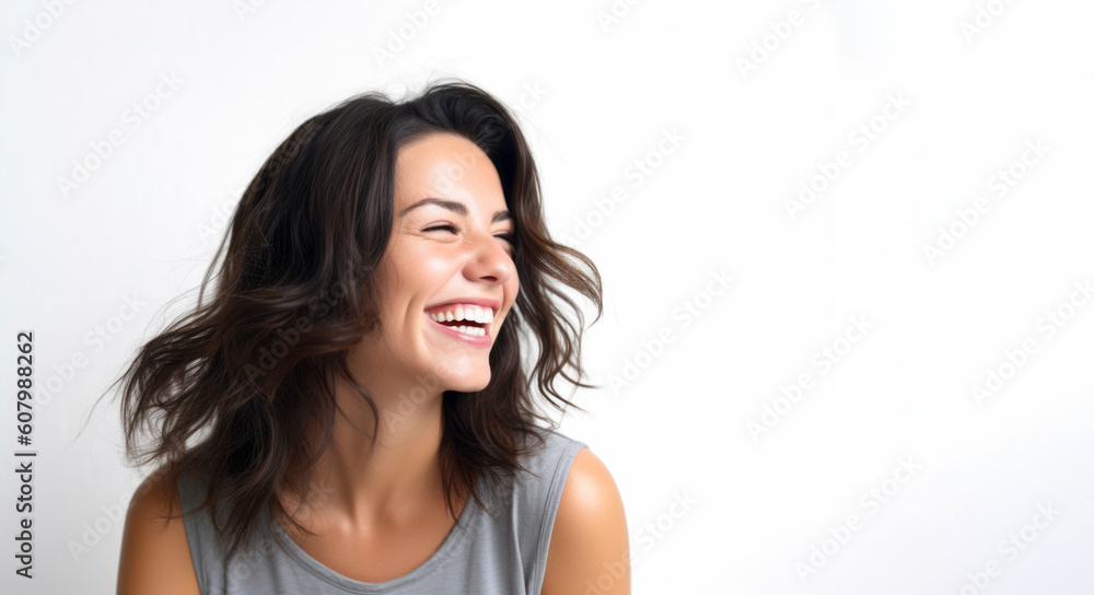 Portrait of a happy young woman laughing on a white background. Portrait of a happy young woman laughing on a white background.
