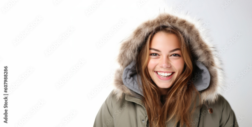 Beautiful young woman in winter jacket on white background, closeup Beautiful young woman in winter jacket on white background, closeup