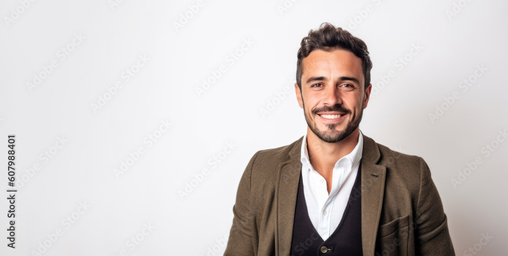 Medium shot portrait photography of a satisfied man in his 30s that is wearing a chic cardigan against a white background . Generative AI Medium shot portrait photography of a satisfied man in his 30s that is wearing a chic cardigan against a white background . Generative AI