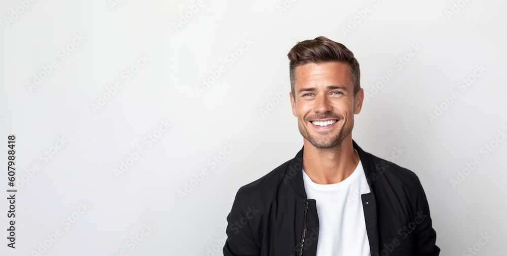 Medium shot portrait photography of a satisfied man in his 30s that is wearing a chic cardigan against a white background . Generative AI Medium shot portrait photography of a satisfied man in his 30s that is wearing a chic cardigan against a white background . Generative AI