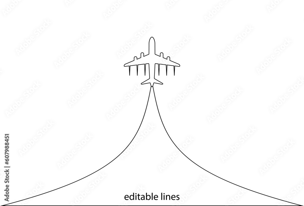 Flight plane outline stroke take off, route line, airplane vector. Travel, transport concept illustration to use in tourism, summer holiday, business travel, holiday planning design projects. Flight plane outline stroke take off, route line, airplane vector. Travel, transport concept illustration to use in tourism, summer holiday, business travel, holiday planning design projects.