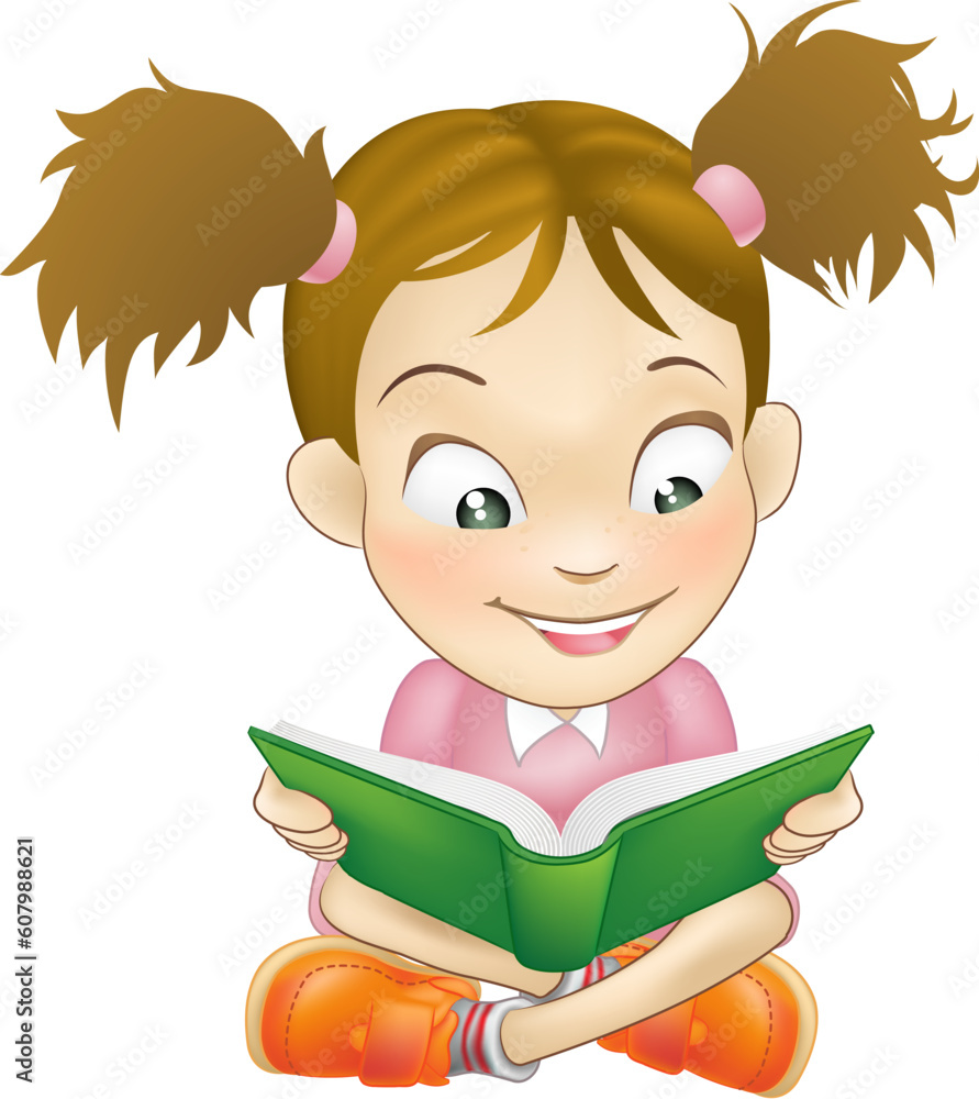 Illustration of a young sweet girl child happily reading a book Illustration of a young sweet girl child happily reading a book