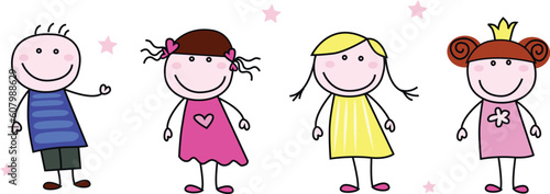 Stick figure inspired children in different characters. Vector Illustration isolated on white.