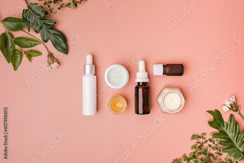 the composition of skincare, cosmetic, and beauty bottle. clean and organic beauty concept.