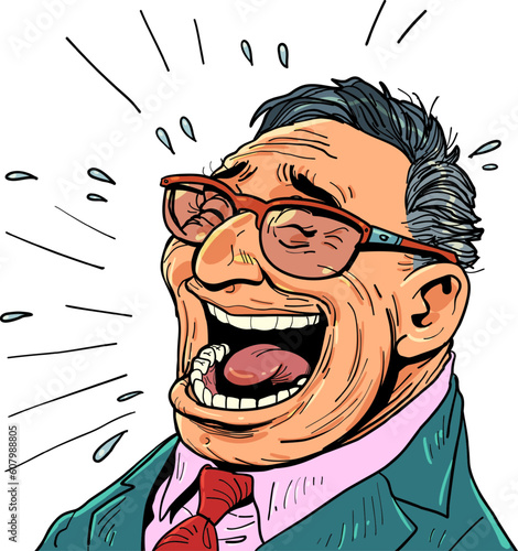 To bring joy to people through a service or product. The person is in a good mood. Business man in glasses laughs heartily.