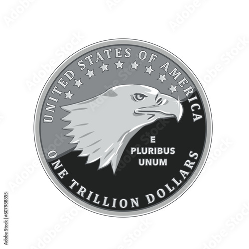 Metallic style flat icon illustration of a one trillion dollar coin of United States of America USA  with head of bald eagle viewed from side with words E Pluribus Unum on isolated white background. photo