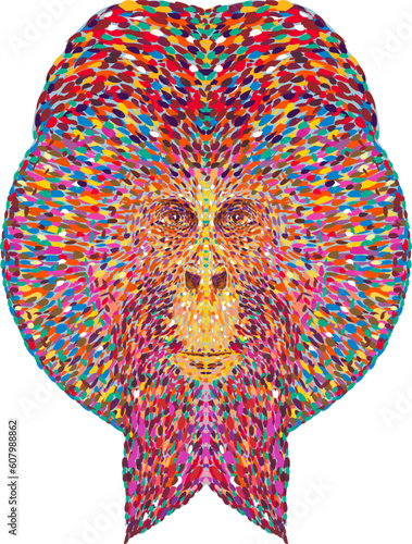 Pointillist, Impressionist or pop art style illustration of head of a Sumatran orangutan viewed from front on isolated background in retro dot art style.
 photo