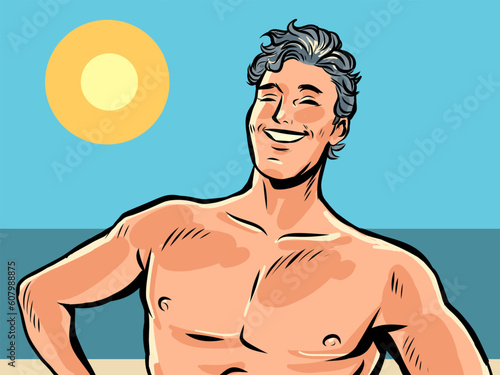 Sunny vacation at the summer resort. Cosmetics and skin care for men. The male is smiling and sunbathing on the beach.
