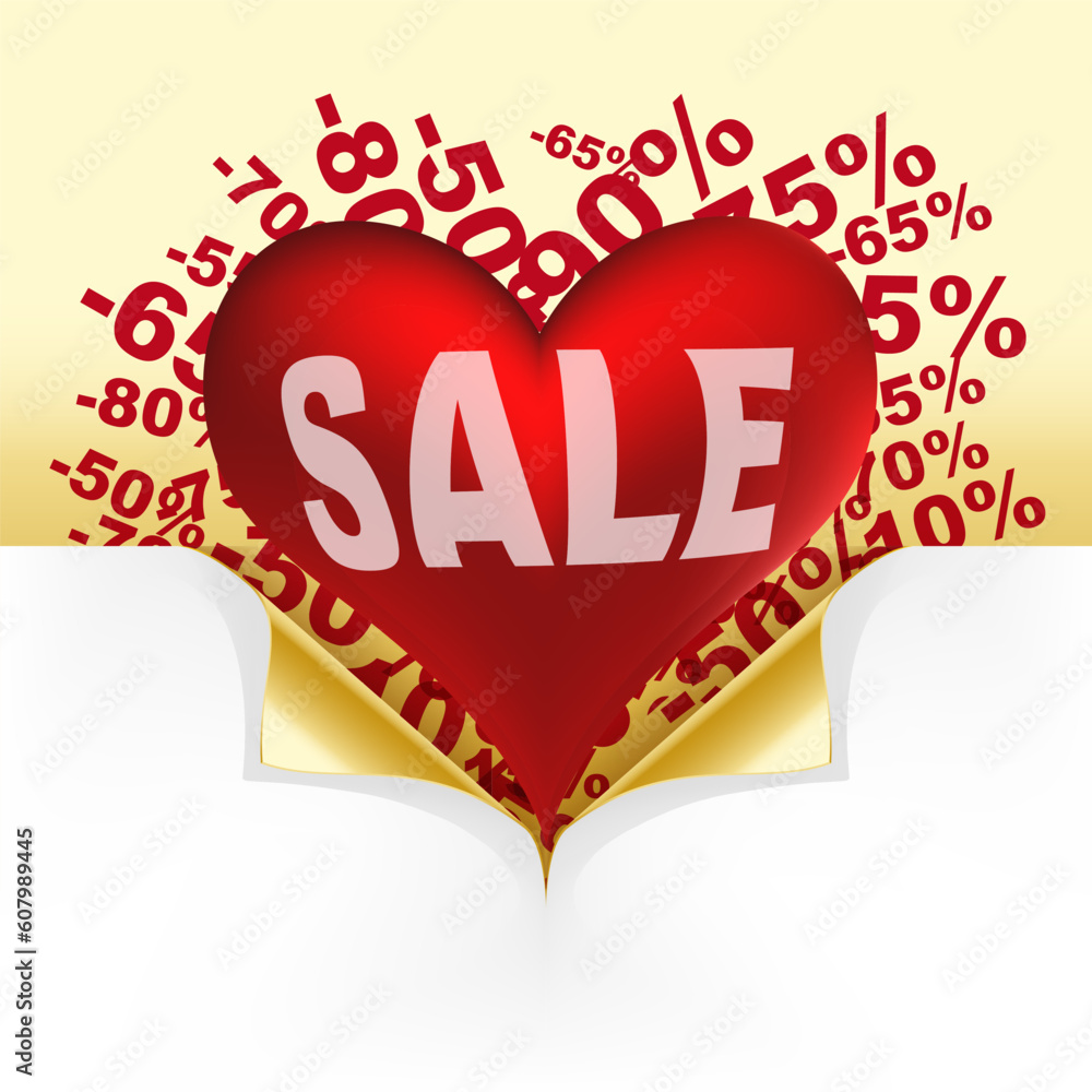 Red heart white text sale under curled gold corners Red heart white text sale under curled gold corners