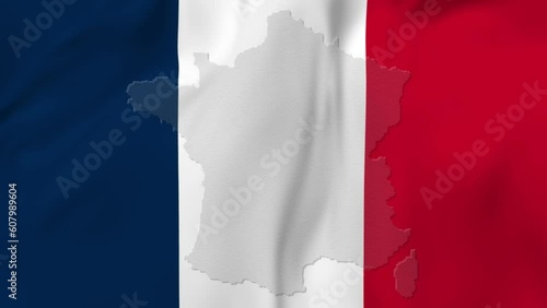 Arising map of France and waving flag of France in background. 4k video.