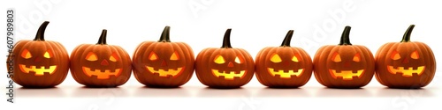 halloween jack o lantern pumpkins in a row on white background. Generative AI
