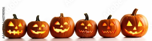 halloween jack o lantern pumpkins in a row on white background. Generative AI