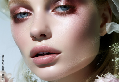Beautiful young woman with flowers  close-up portrait. AI generated image.