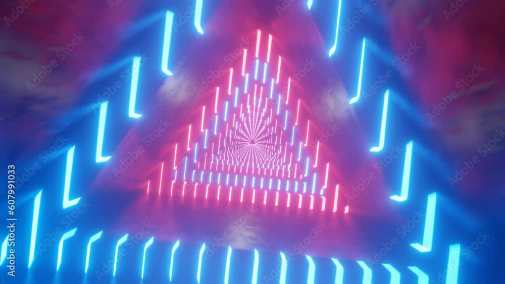 Camera move in a neon triangular tunnel. Triangular metal tunnel ...