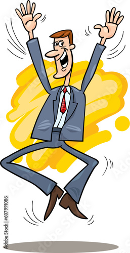 Cartoon illustration of happy stockbroker jumping