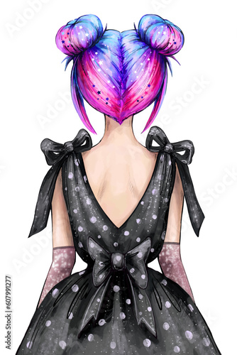 Bare back girl with blue and pink hair space buns. Fancy girl Rear view black polka dot dress with big bow, aunt's tall gloves. Teenager bright hairstyle anime style. Hair horns. Fashion illustration