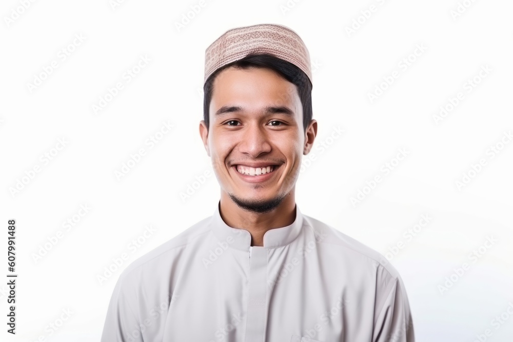 Fototapeta premium Portrait of a happy muslim man isolated on white background.