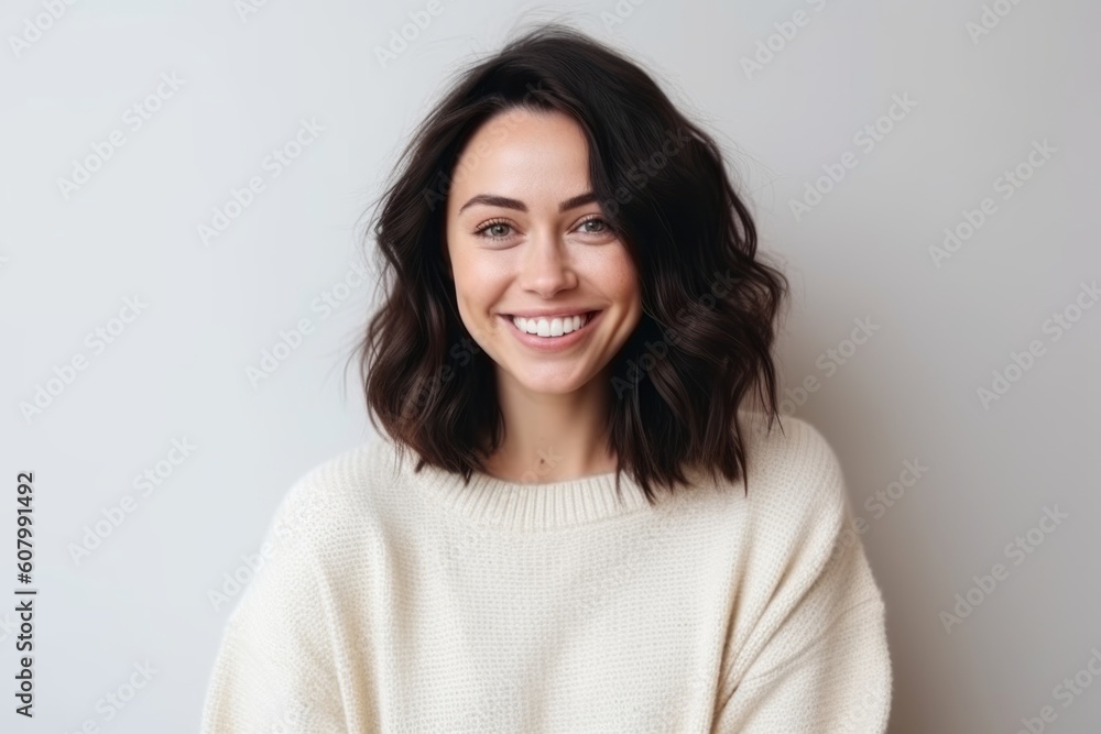 Portrait of a beautiful young woman with long brown hair in a white sweater Portrait of a beautiful young woman with long brown hair in a white sweater