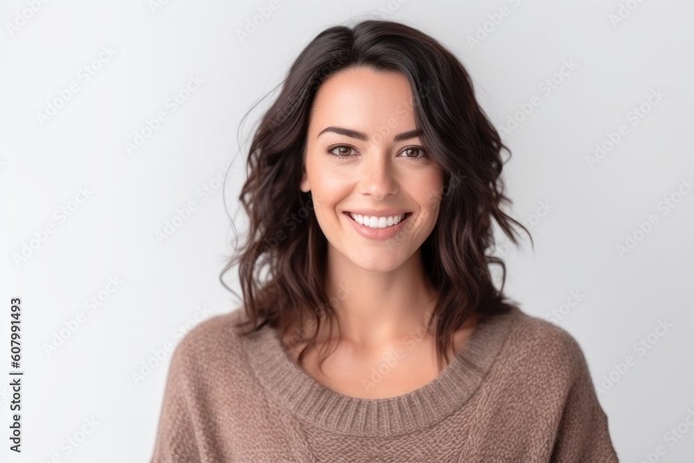 Medium shot portrait photography of a pleased woman in her 30s that is wearing a cozy sweater against a white background Medium shot portrait photography of a pleased woman in her 30s that is wearing a cozy sweater against a white background