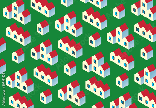 Real Estate Pattern. White village buildings with red roof on green background.