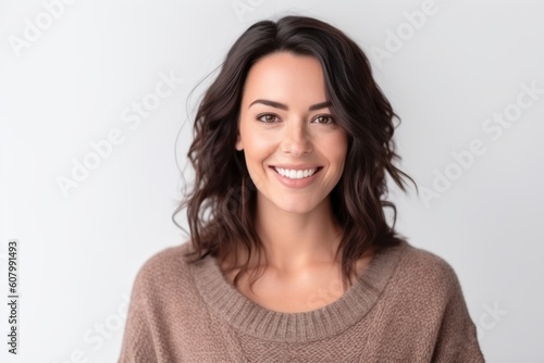 Medium shot portrait photography of a pleased woman in her 30s that is wearing a cozy sweater against a white background  © Hanne Bauer