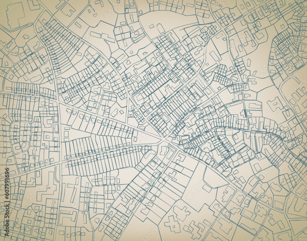 Editable vector sketch blueprint of a detailed generic street map without names