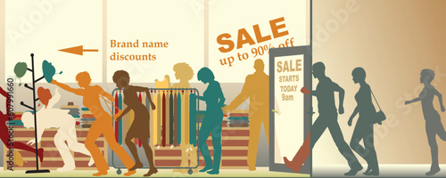 Editable vector illustration of a sale opening at a store