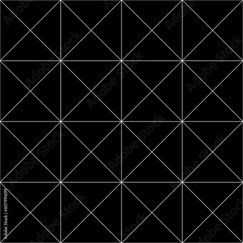 Repeated black triangles on white background. Triangular blocks wallpaper. Seamless surface pattern design with tiles. Mosaic motif. Digital paper with polygons for print. Crossing lines. Vector art.
