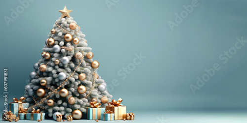 Beautiful festive Christmas background. Christmas tree decorated with balls on a blue background, banner format, copy space. AI generated