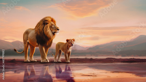 Lion and a cub on lake and mountains