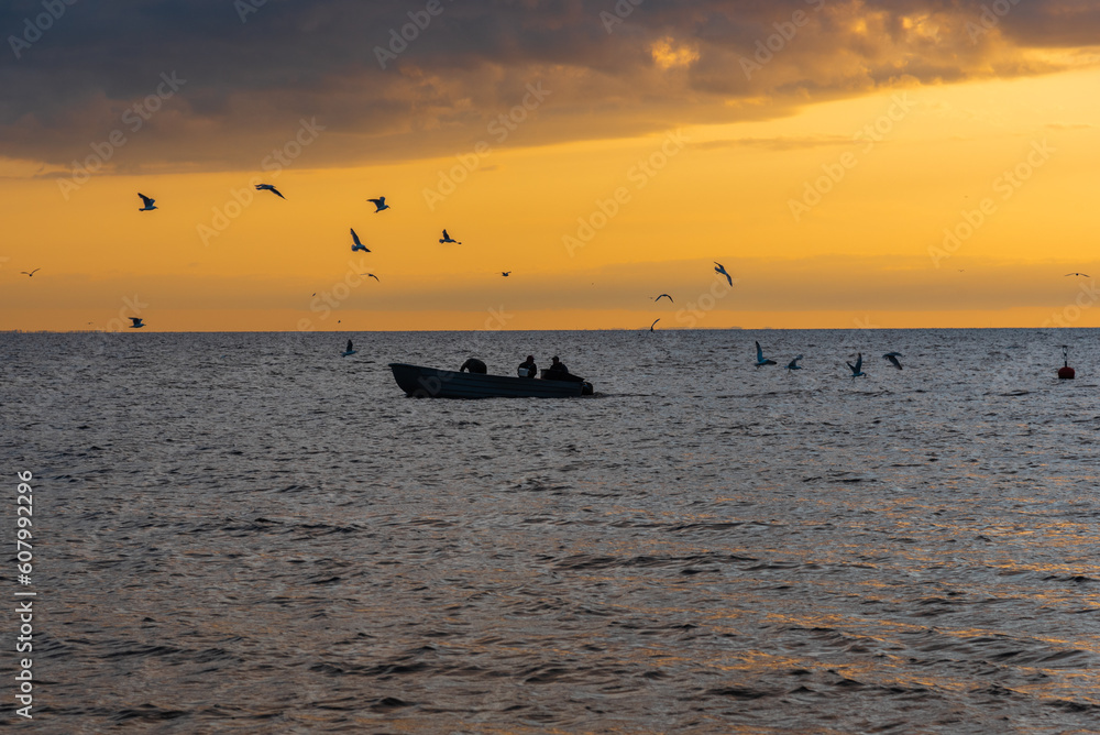 Silhouette of fishermen in the boat on Baltic sea during the sunset. Sea gulls are flying above them.