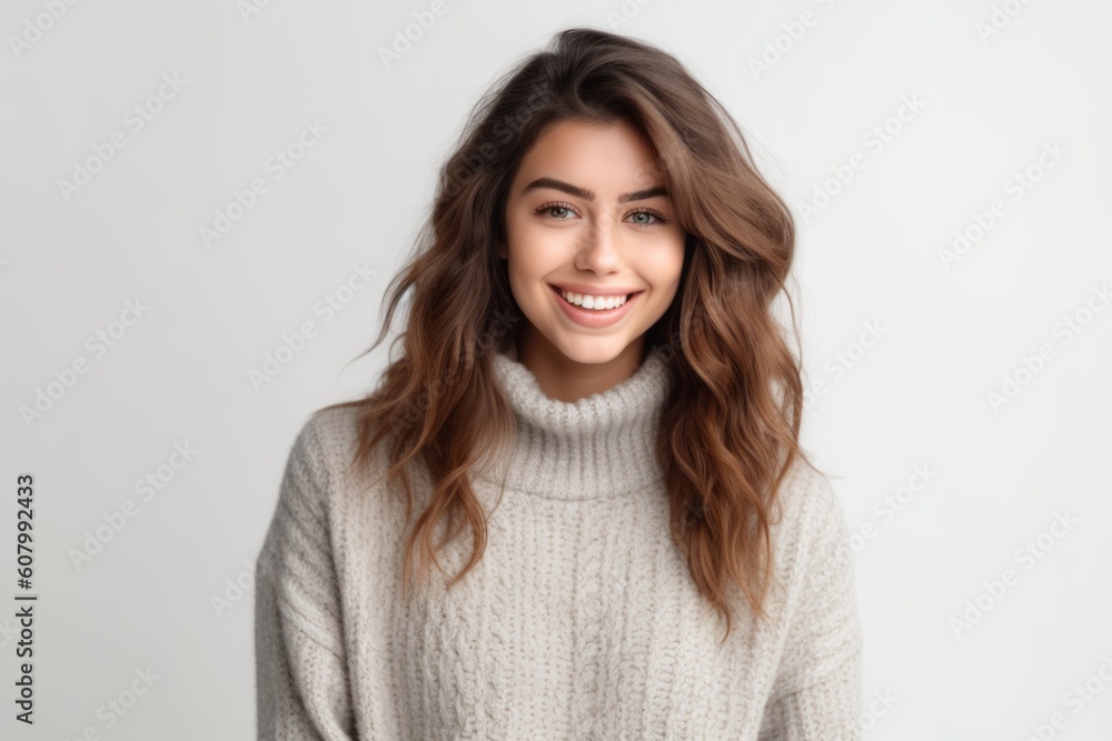 Portrait of a smiling young woman in sweater on white background. Portrait of a smiling young woman in sweater on white background.
