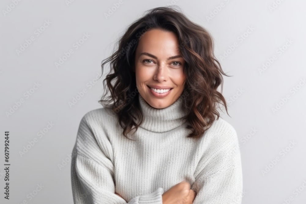 Portrait of a beautiful young woman in sweater smiling at the camera Portrait of a beautiful young woman in sweater smiling at the camera