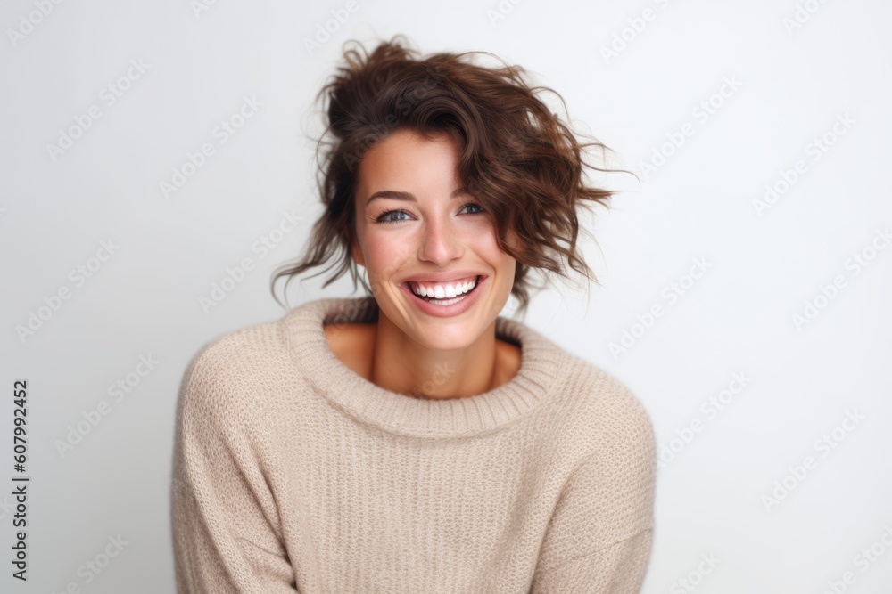 Close up portrait of a beautiful young woman laughing while standing against white background Close up portrait of a beautiful young woman laughing while standing against white background