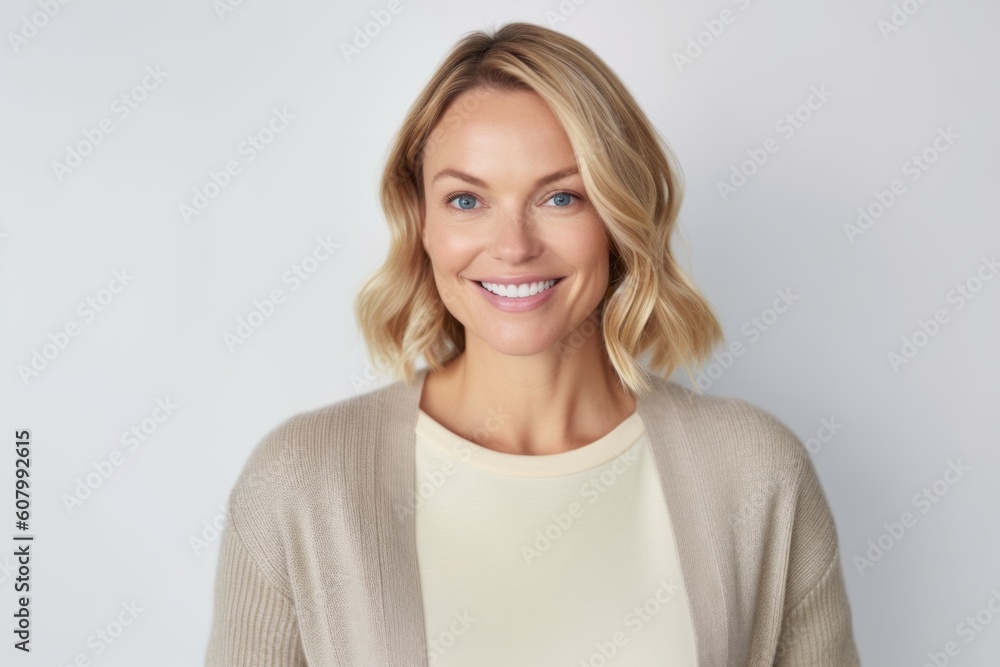 happy woman in beige sweater over grey background, smiling at camera