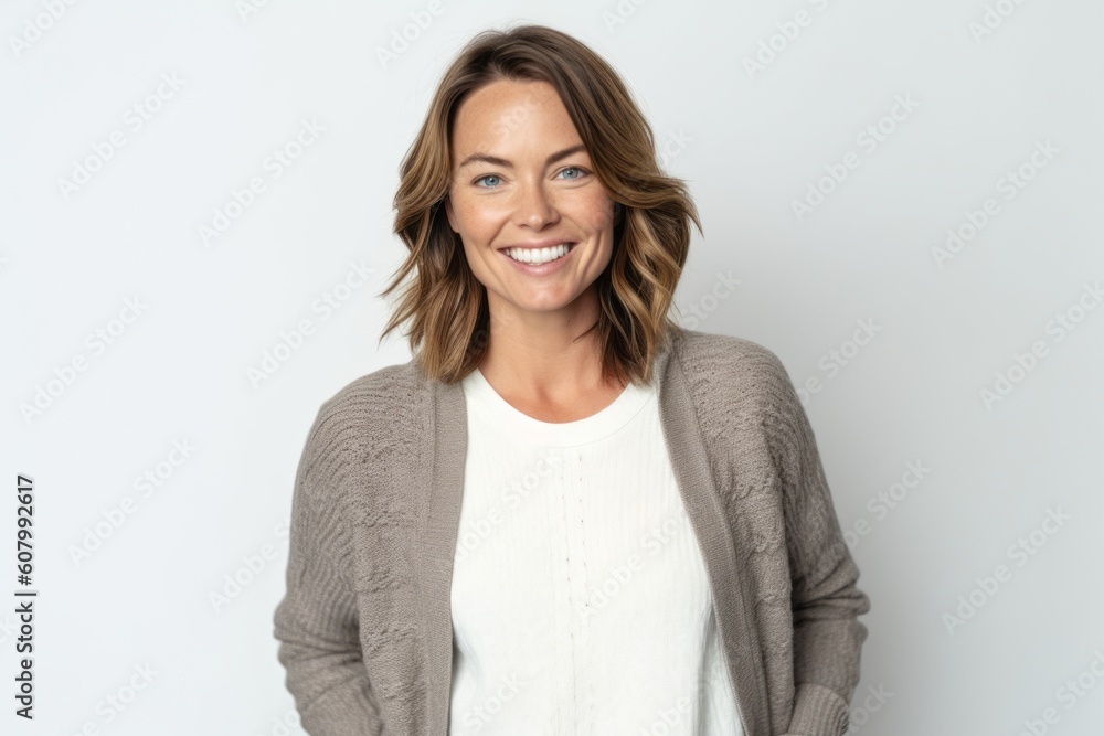 Portrait of a beautiful woman smiling at the camera while standing against white background Portrait of a beautiful woman smiling at the camera while standing against white background