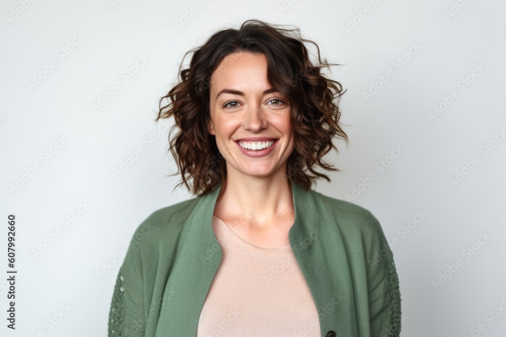 Portrait of a happy woman smiling at the camera over white background Portrait of a happy woman smiling at the camera over white background